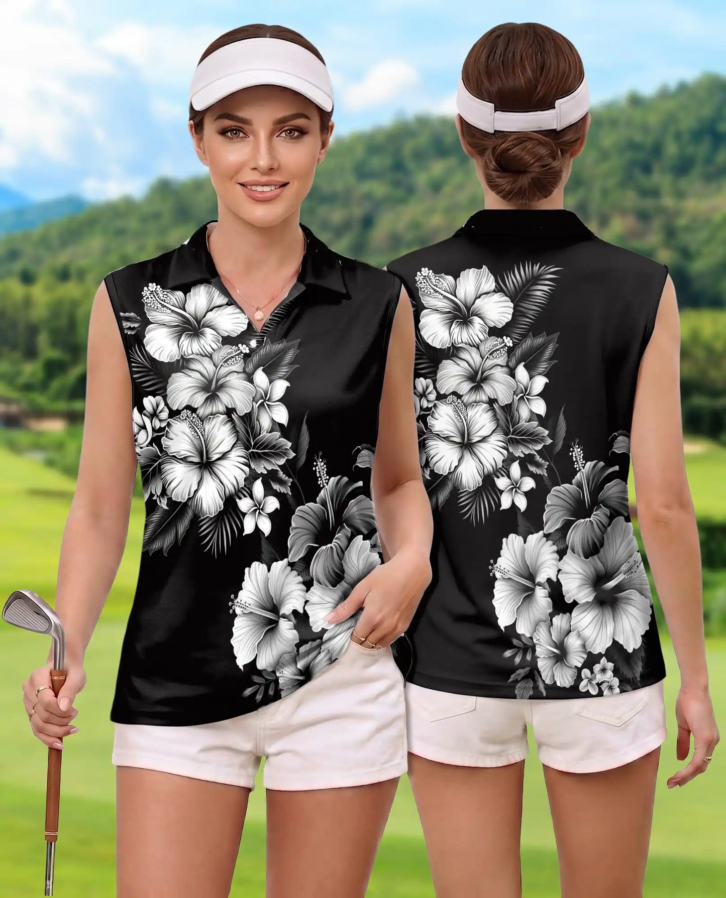 Black And White Hibiscus Polynesian Sleeveless Polo Shirt for Women | Netecom