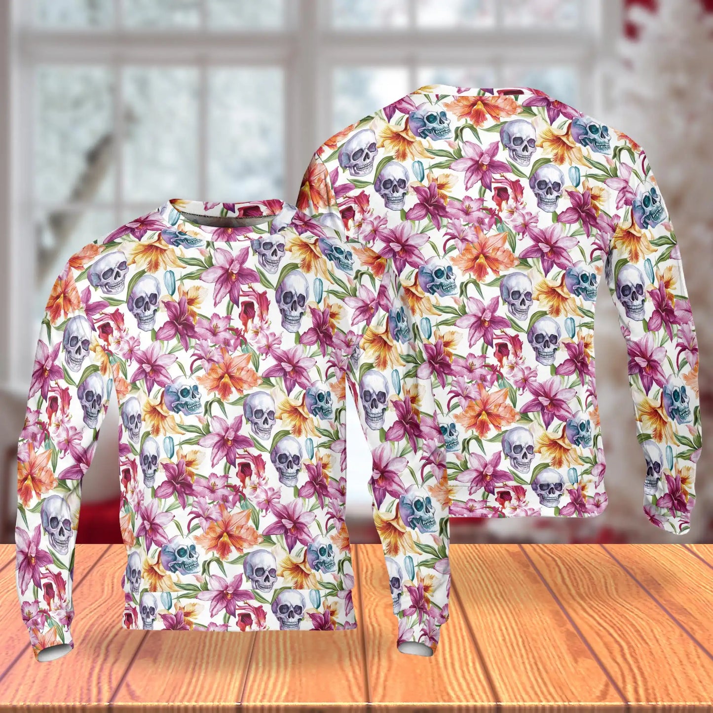 Watercolor Floral Skull Pattern Sweatshirt, 3D All Over Print Gothic Flower Crewneck Pullover for Men Women, Skull Art Lover Gift - Netecom