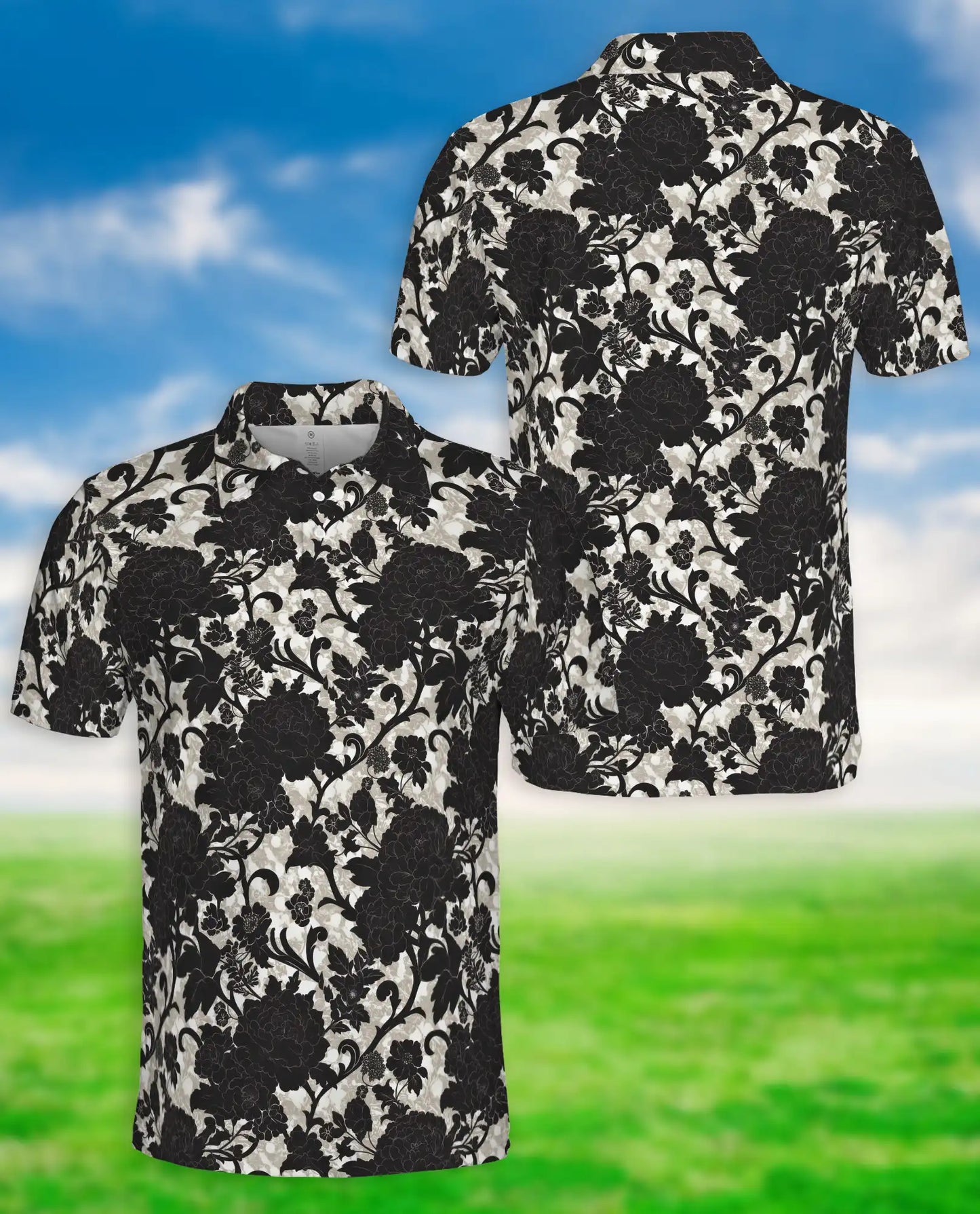 Black White Floral Damask Polo Shirt for Men- Vintage Flower Pattern | Netecom