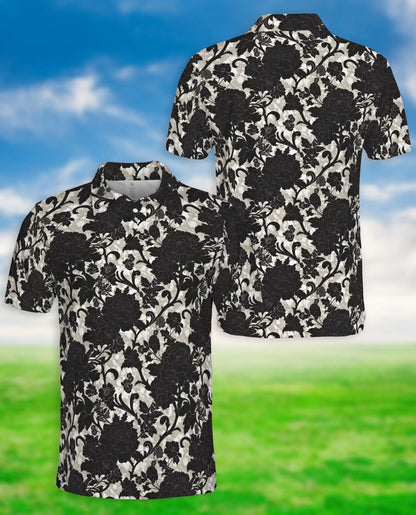 Black White Floral Damask Polo Shirt for Men- Vintage Flower Pattern | Netecom