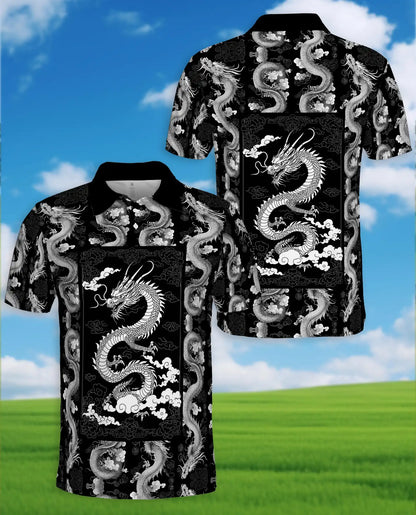 Black White Asian Dragon Polo Shirt for Men - Oriental Dragon Art | Netecom