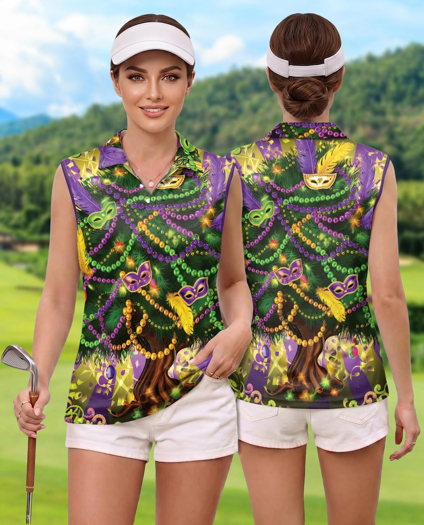 Mardi Gras Tree Sleeveless Polo Shirt for Women | Netecom