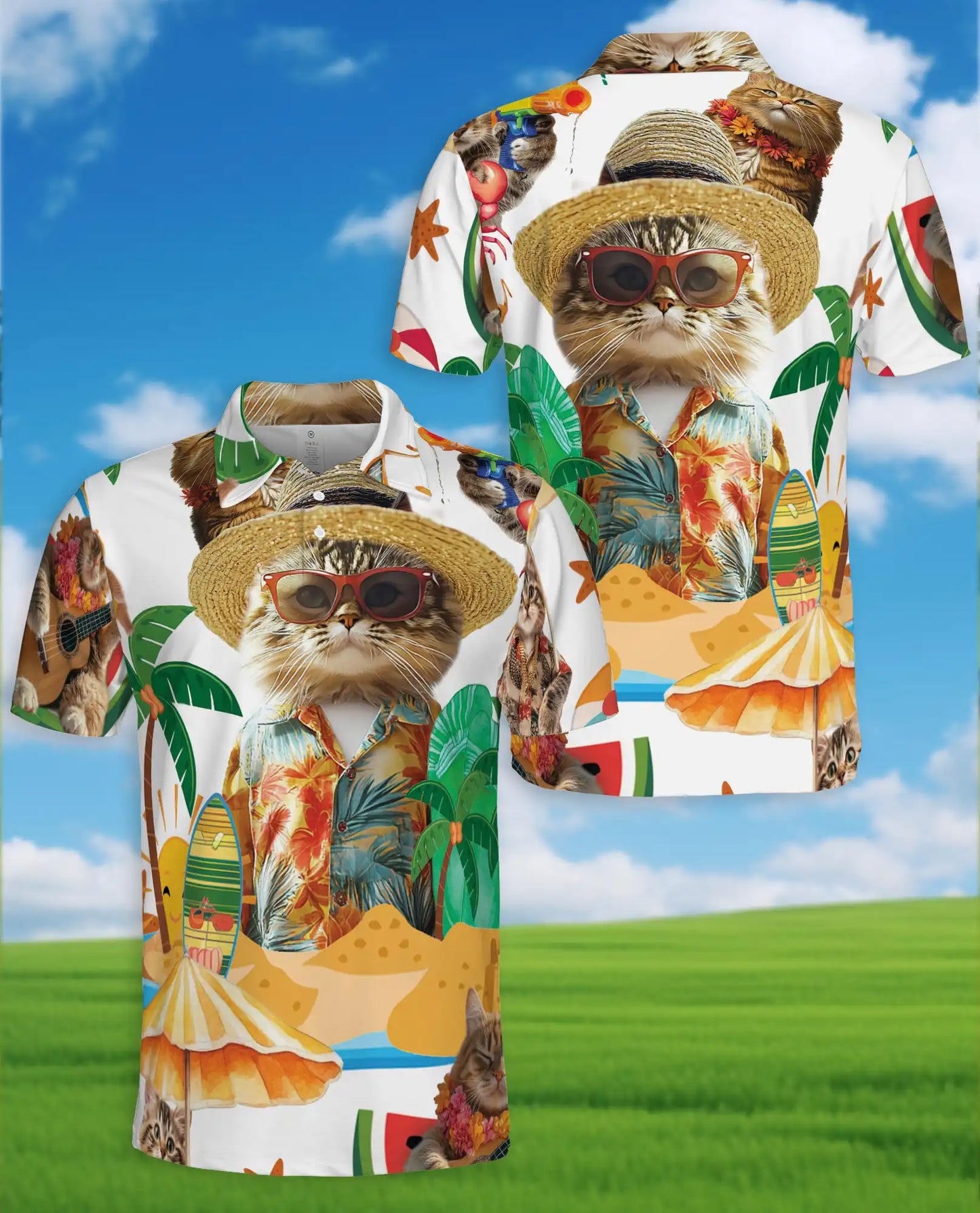 Funny Beach Cat Polo Shirt - Tropical Hawaiian Vacation Kitty Design | Netecom