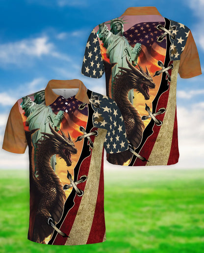 American Dragon 3D Polo Shirt for Men – Patriotic Fantasy Flag Style | Netecom