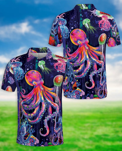 Neon Octopus Jellyfish 3D Polo Shirt for Men – Colorful Ocean Fantasy Style | Netecom
