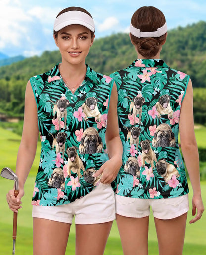English Mastiff Summer Leaves Sleeveless Polo Shirt for Women | Netecom
