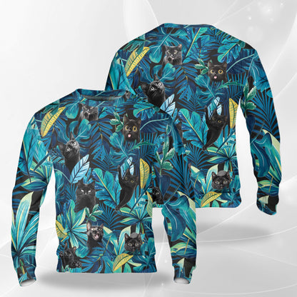 Black Cat Sweatshirt, 3D All Over Print Mystical Cat Crewneck Pullover for Men Women, Black Cat Lover Gift - Netecom
