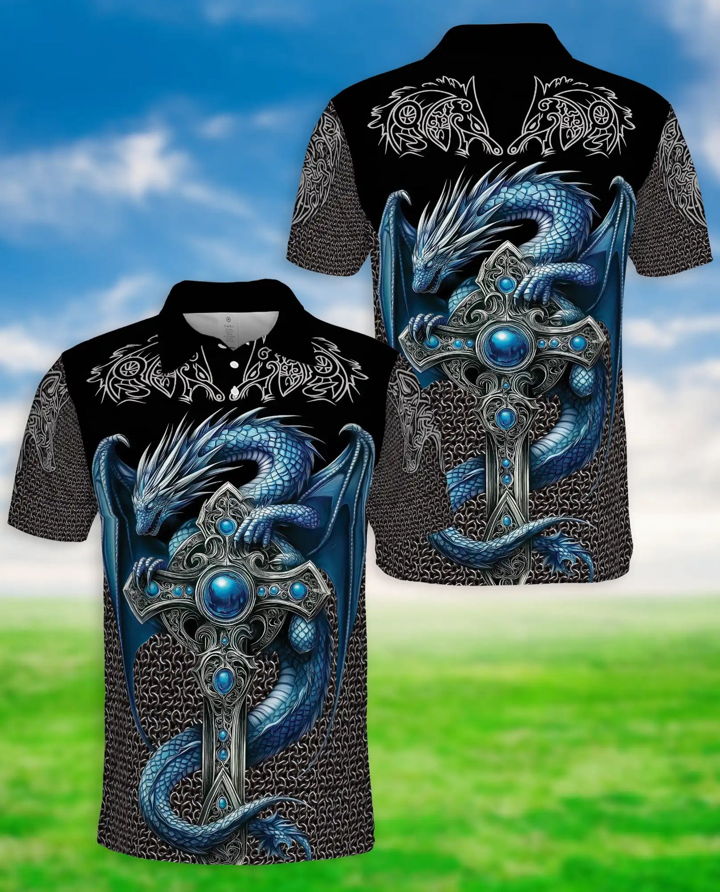 Blue Dragon Cross 3D Polo Shirt for Men – Medieval Fantasy Armor Style | Netecom