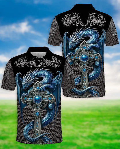 Blue Dragon Cross 3D Polo Shirt for Men – Medieval Fantasy Armor Style | Netecom