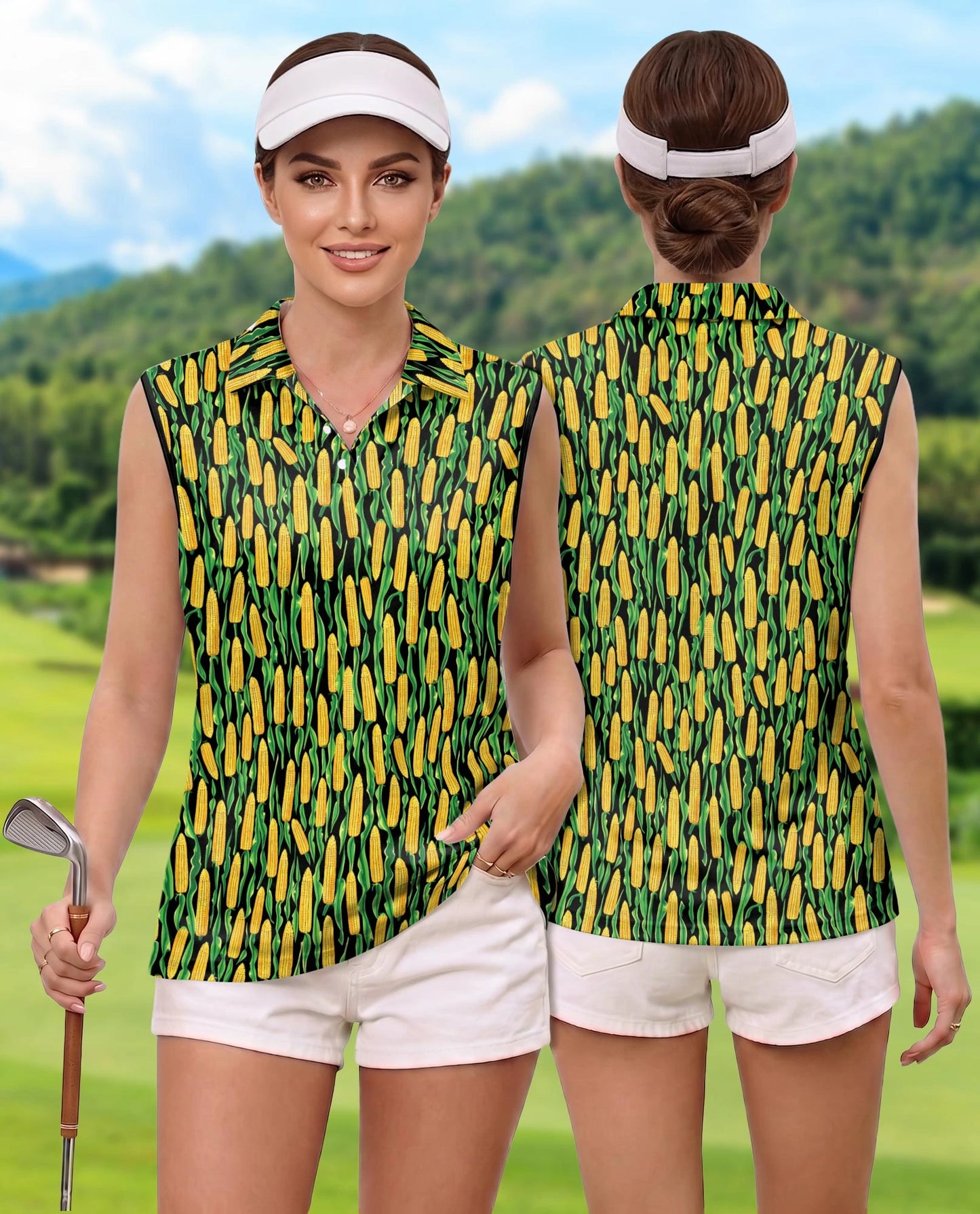 Agricultural Corn Cob Sleeveless Polo Shirt for Women | Netecom