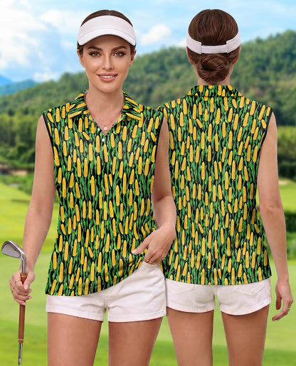 Agricultural Corn Cob Sleeveless Polo Shirt for Women | Netecom
