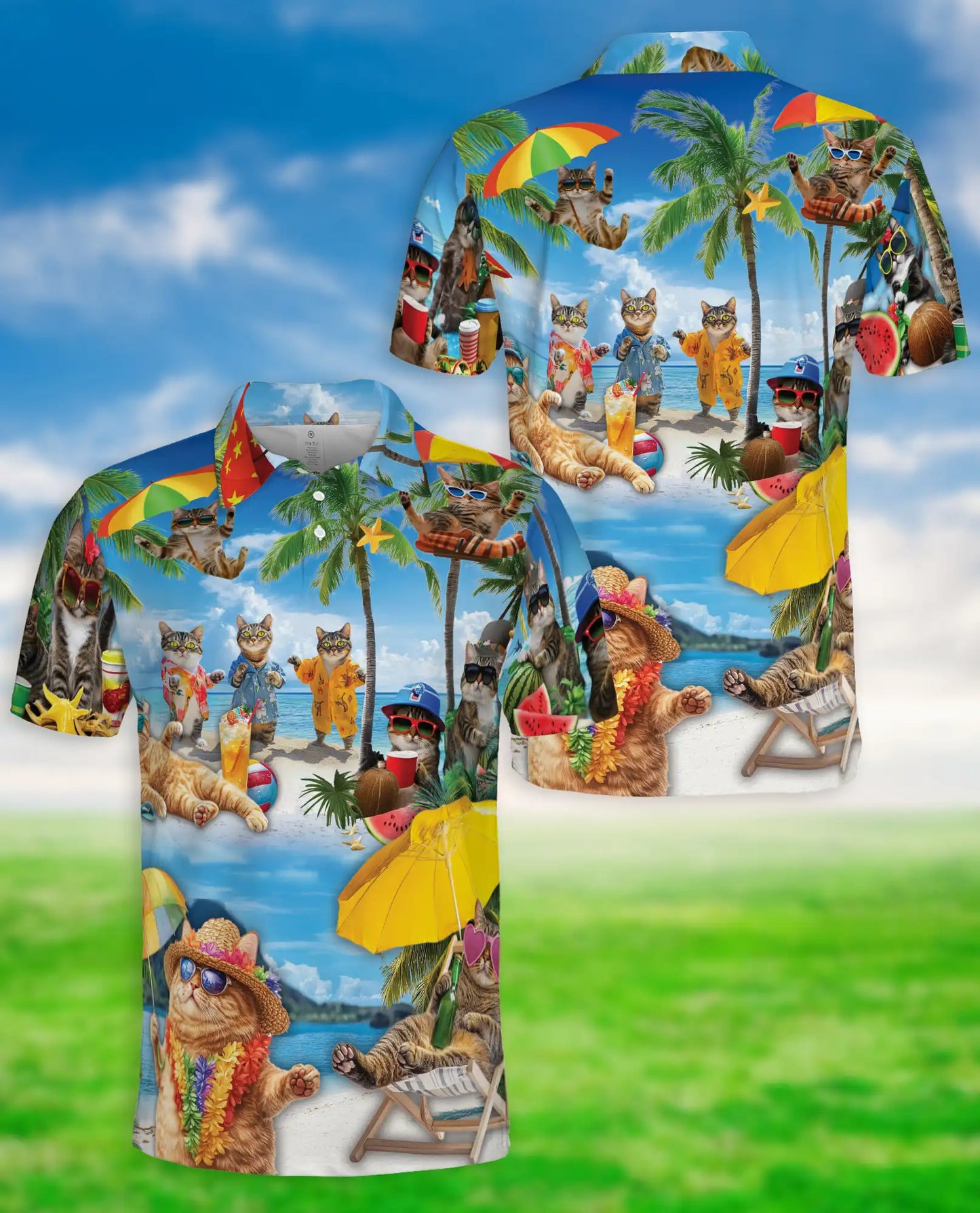Funny Beach Cat Polo Shirt for Men-Tropical Cat Lover Shirt | Netecom