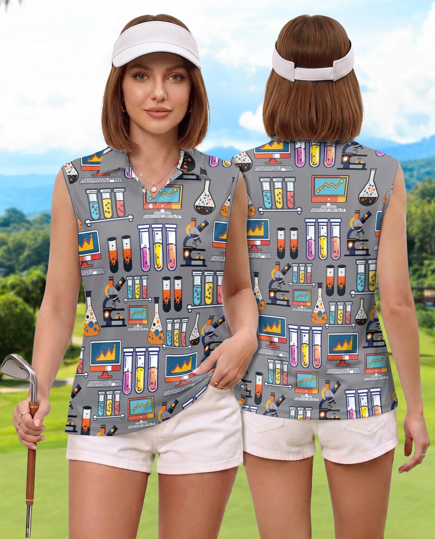 Science Lab Doodle Pattern Sleeveless Polo Shirt for Women | Netecom