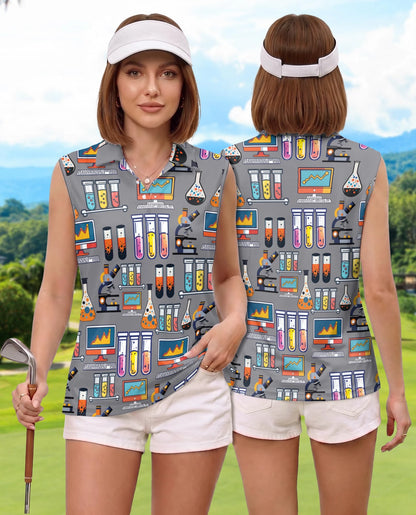 Science Lab Doodle Pattern Sleeveless Polo Shirt for Women | Netecom