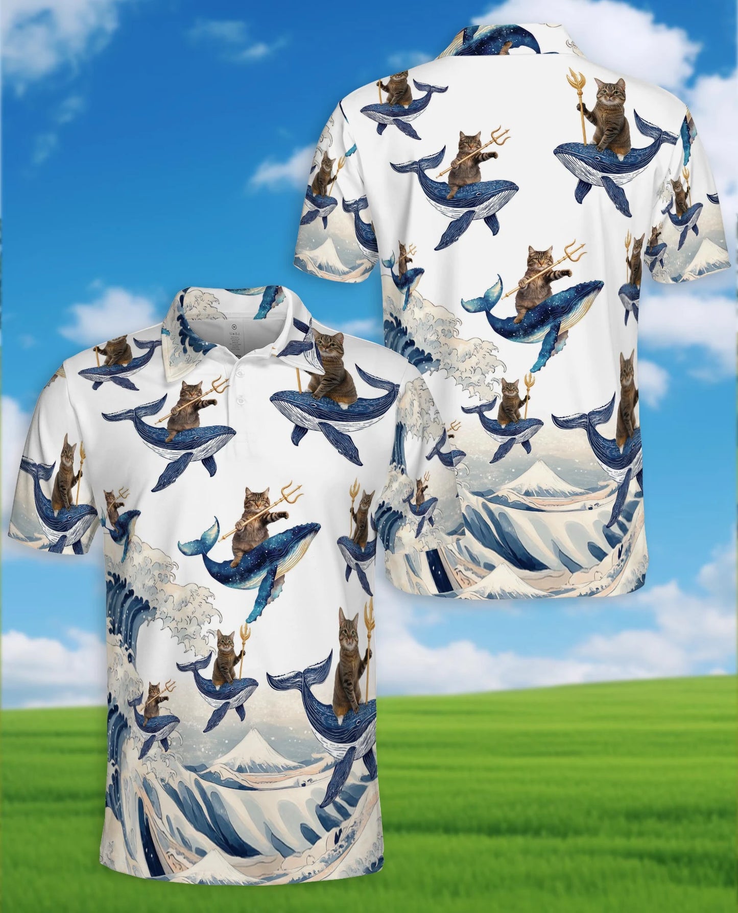 Cat Riding Whale Polo Shirt for Men – Funny Ocean Animal Style | Netecom