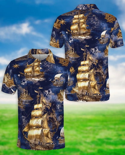 Vintage Pirate Ship 3D Polo Shirt for Men – Nautical Skull Ocean Style | Netecom
