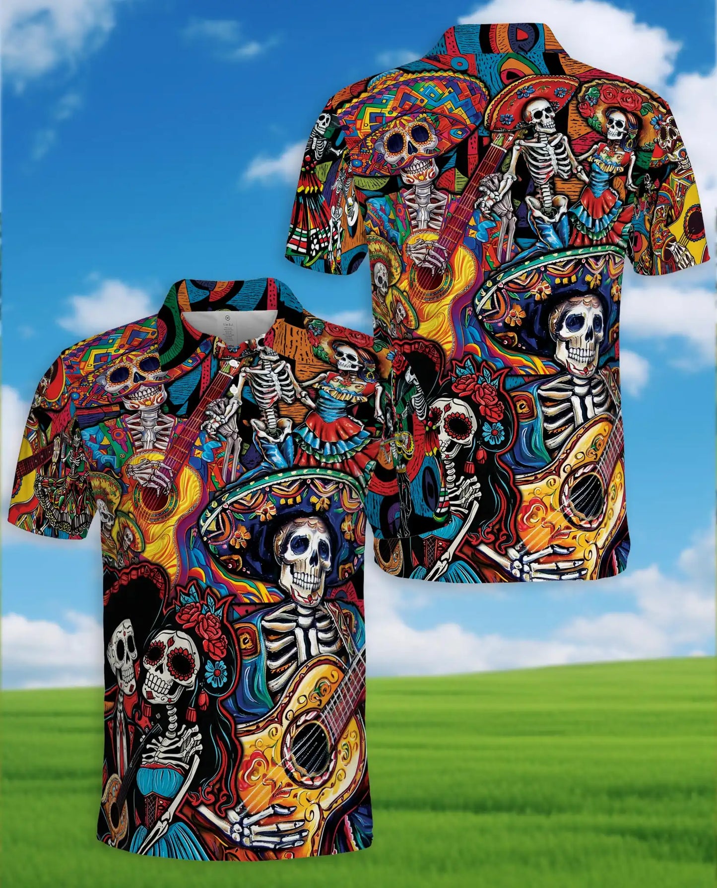 Dia de los Muertos Guitar Polo Shirt - Colorful Fiesta Style | Netecom
