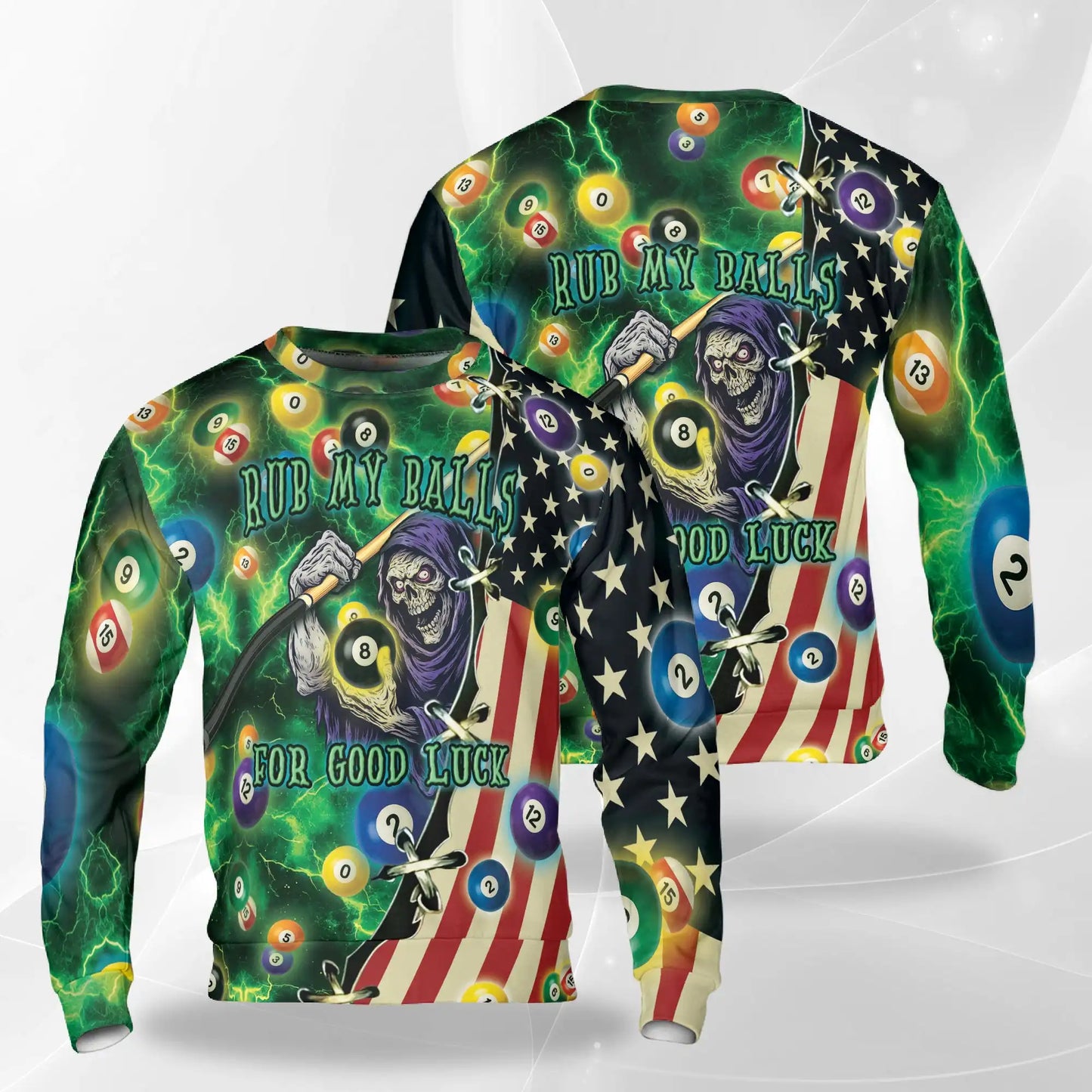 Rub My Balls for Good Luck Billiard Sweatshirt, 3D All Over Print Funny Pool Crewneck Pullover for Men Women, Billiards Player Gift - Netecom