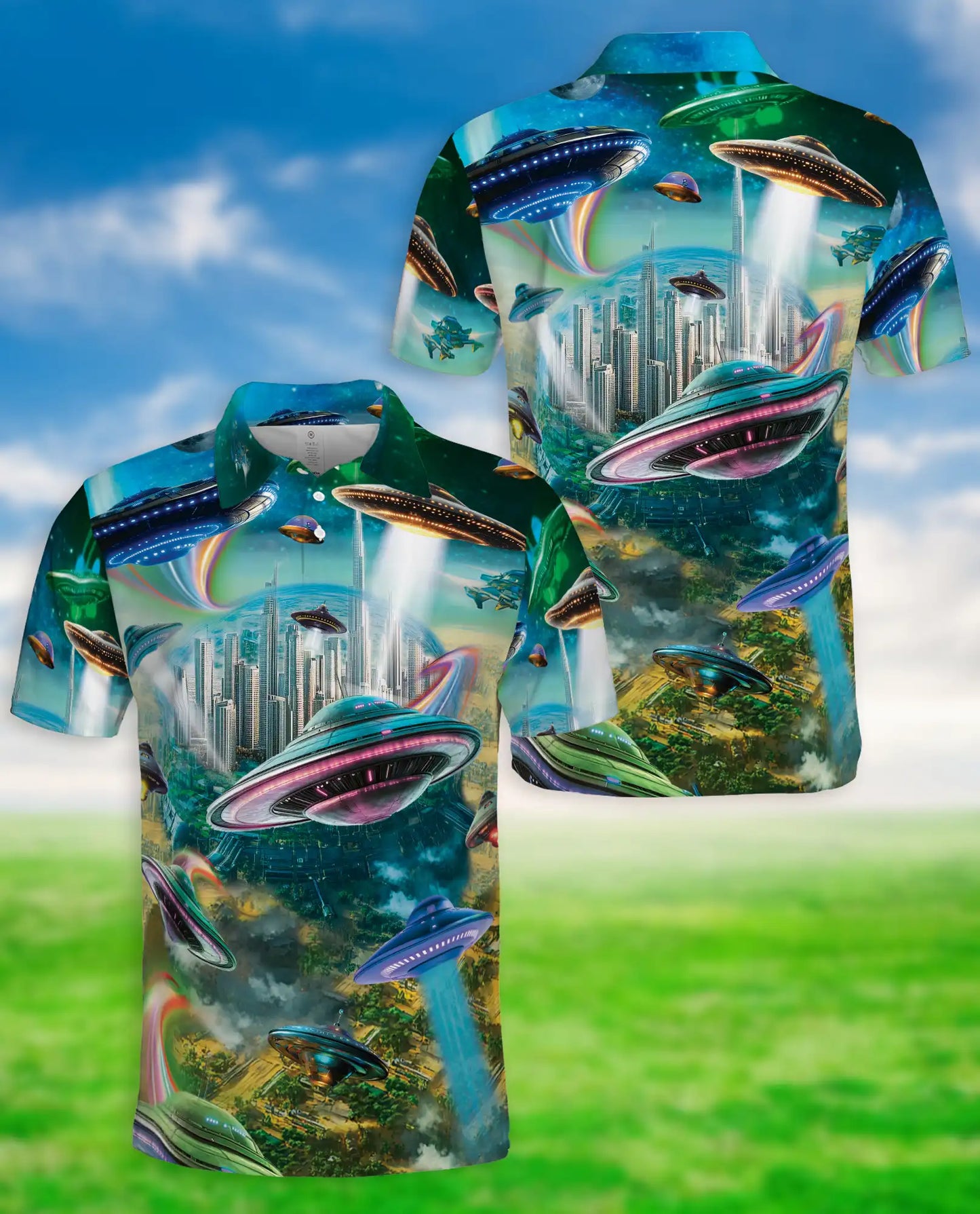UFO Polo Shirt – Futuristic Sci-Fi City Print | Netecom