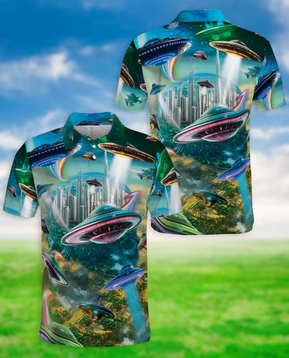 UFO Polo Shirt – Futuristic Sci-Fi City Print | Netecom