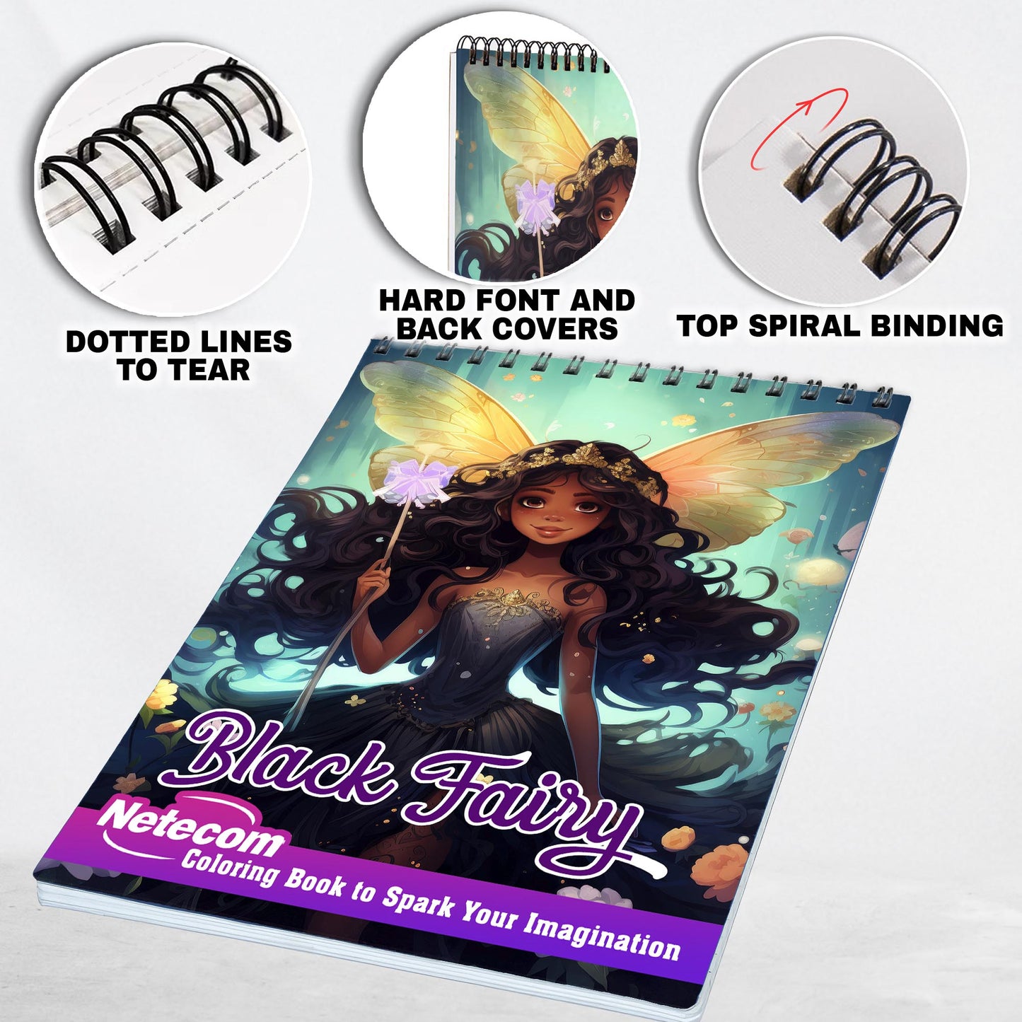 Black Fairy Spiral Bound Coloring Book, Discover the Adorable of Black Fairies with 30 Exquisite Coloring Pages