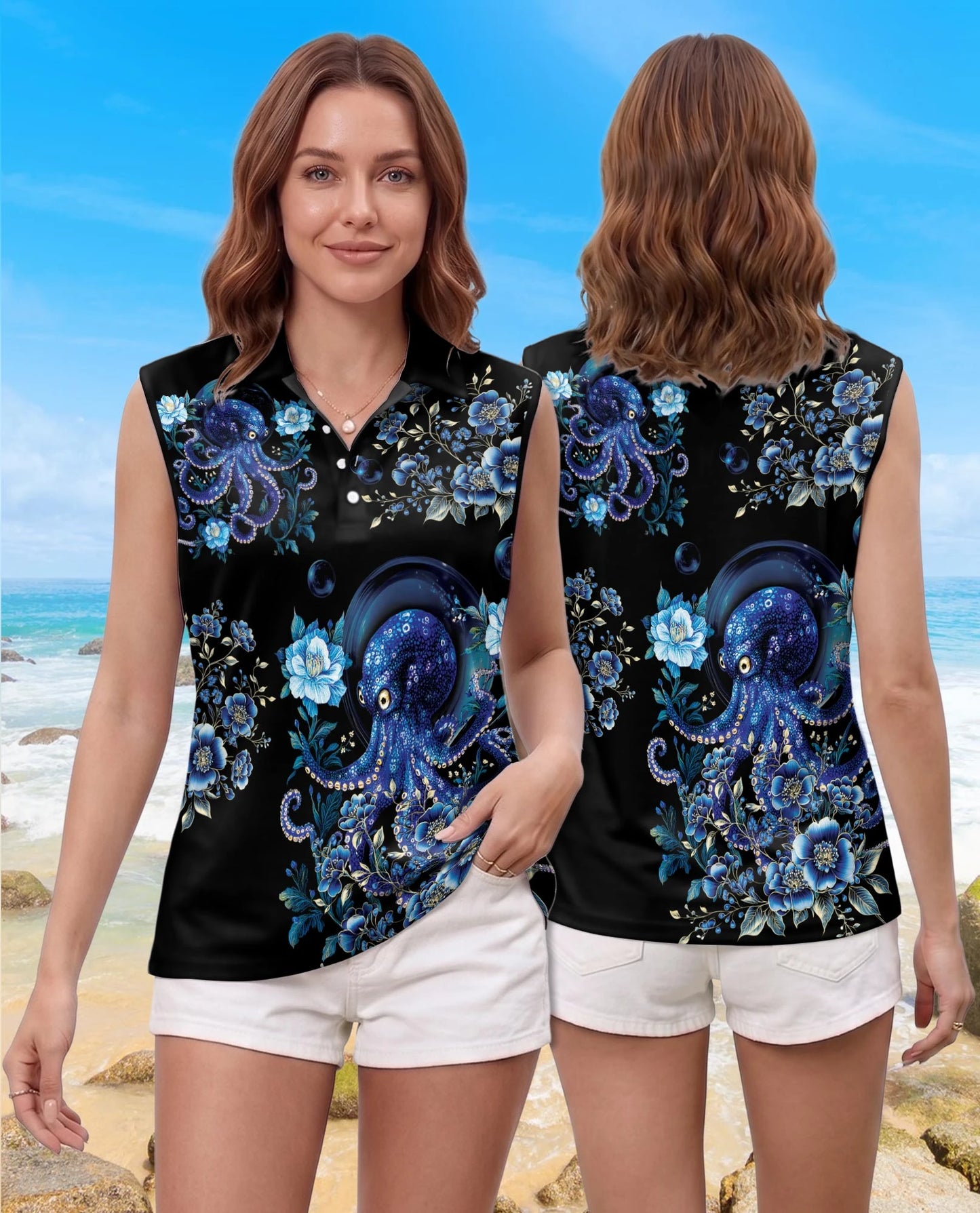 Octopus Flower Sleeveless Polo Shirt for Women | Netecom