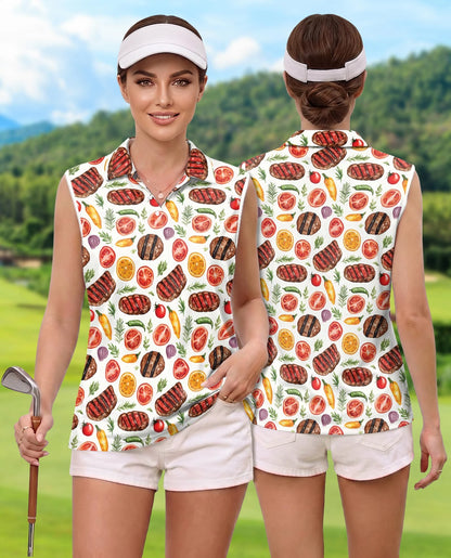 BBQ Pattern Sleeveless Polo Shirt for Women | Netecom