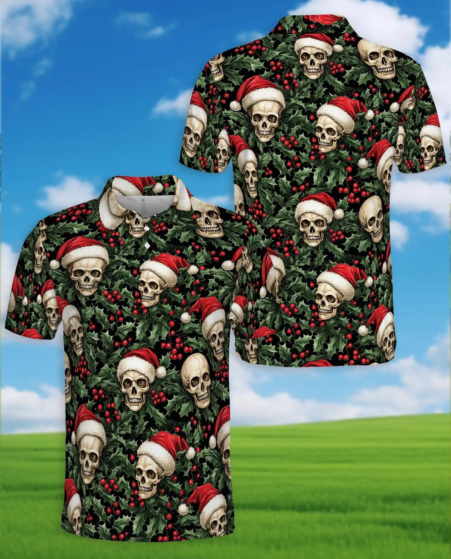 Christmas Skull 3D Polo Shirt for Men – Gothic Holiday Santa Style | Netecom