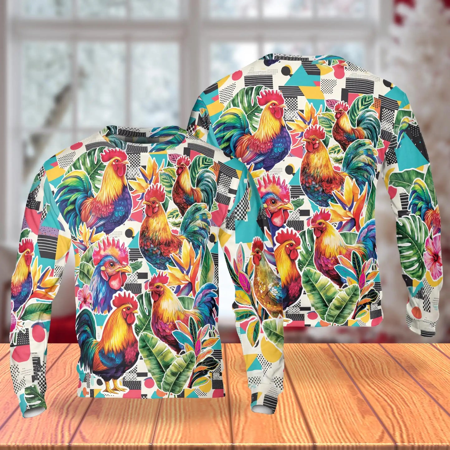 Vibrant Rooster Tropical Leaves Sweatshirt, 3D All Over Print Colorful Farm Animal Crewneck Pullover for Men Women, Rooster Lover Gift - Netecom