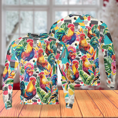 Vibrant Rooster Tropical Leaves Sweatshirt, 3D All Over Print Colorful Farm Animal Crewneck Pullover for Men Women, Rooster Lover Gift - Netecom