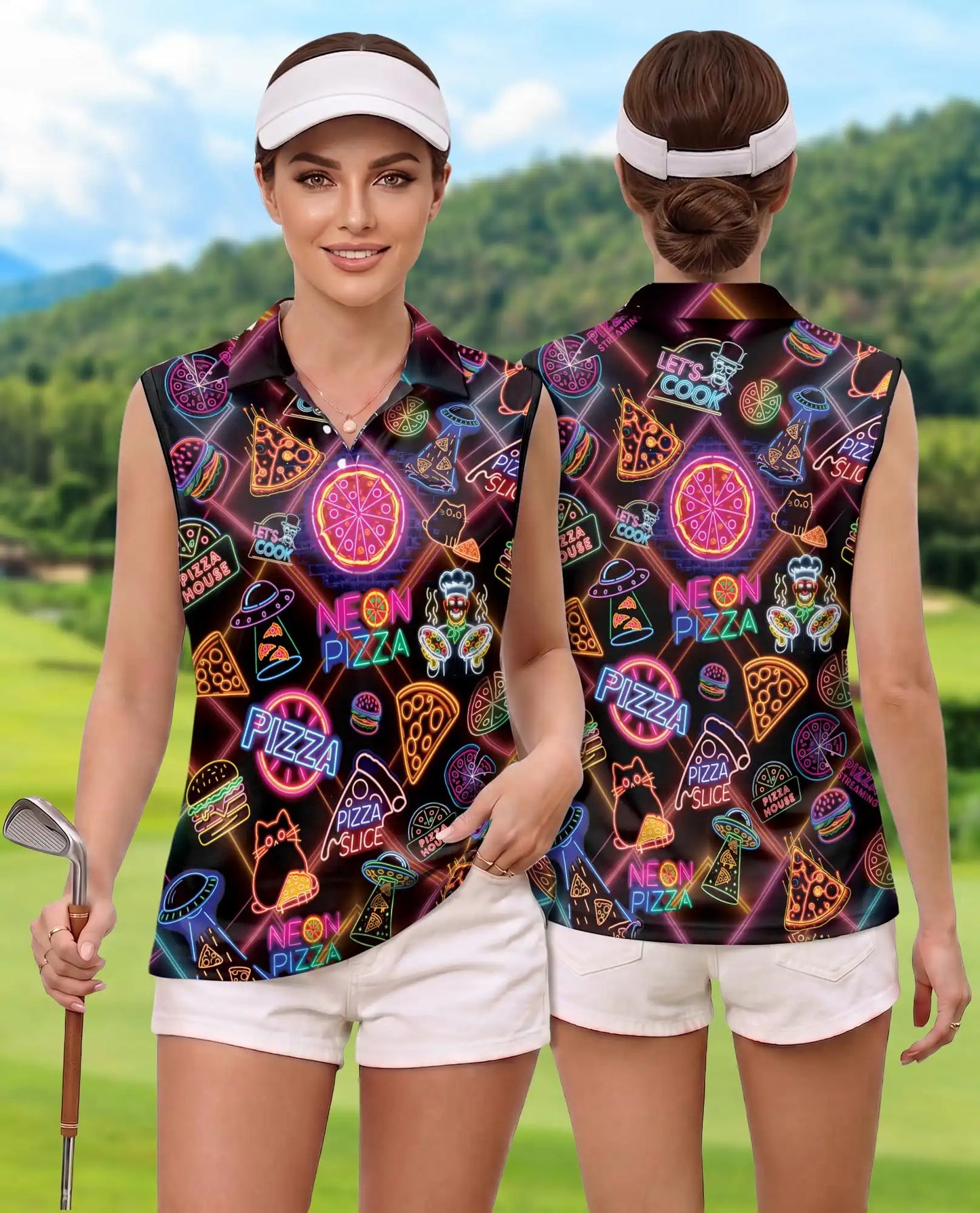 Retro Neon Pizza Sign Pattern Sleeveless Polo Shirt for Women | Netecom