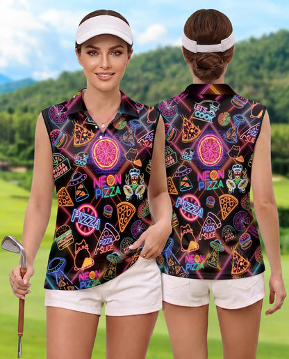 Retro Neon Pizza Sign Pattern Sleeveless Polo Shirt for Women | Netecom