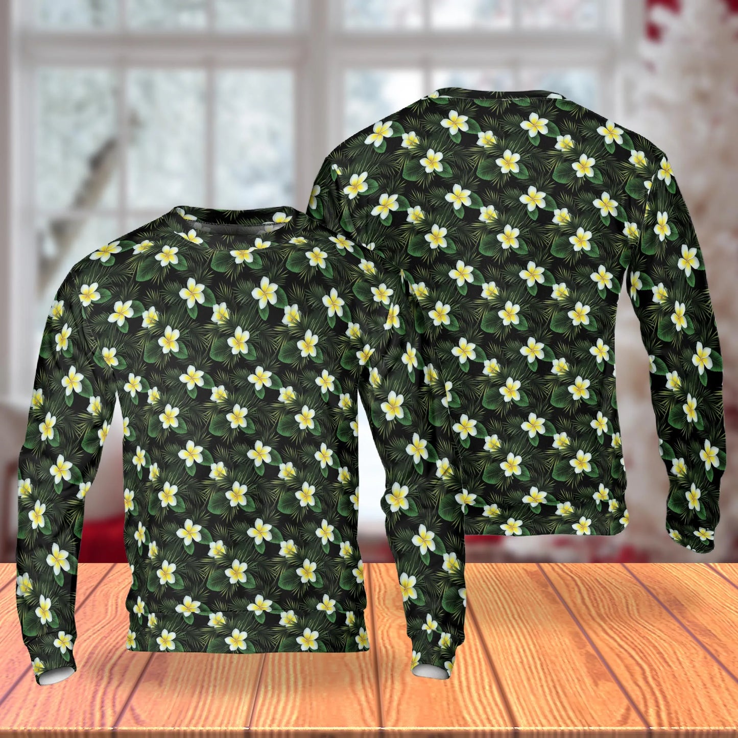 White Plumeria Pattern Sweatshirt, 3D All Over Print Tropical Floral Crewneck Pullover for Men Women, Plumeria Lover Gift - Netecom