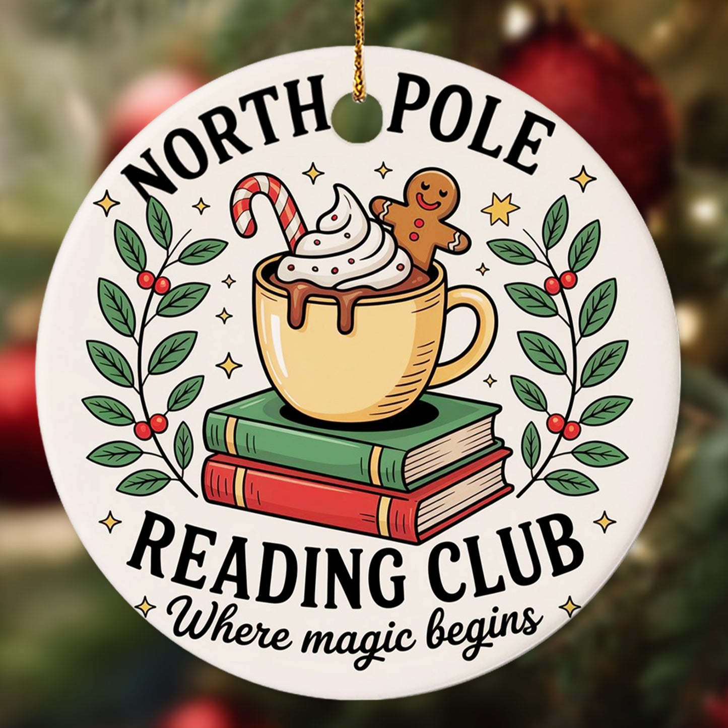 Netecom Classic Reading Book and Coffee Cup Ornament, Reading Club Ceramic Ornament for Xmas Tree Hanging Decorations Gift, Book Lover Gifts for Women Librarian Teacher Bookworm Literature