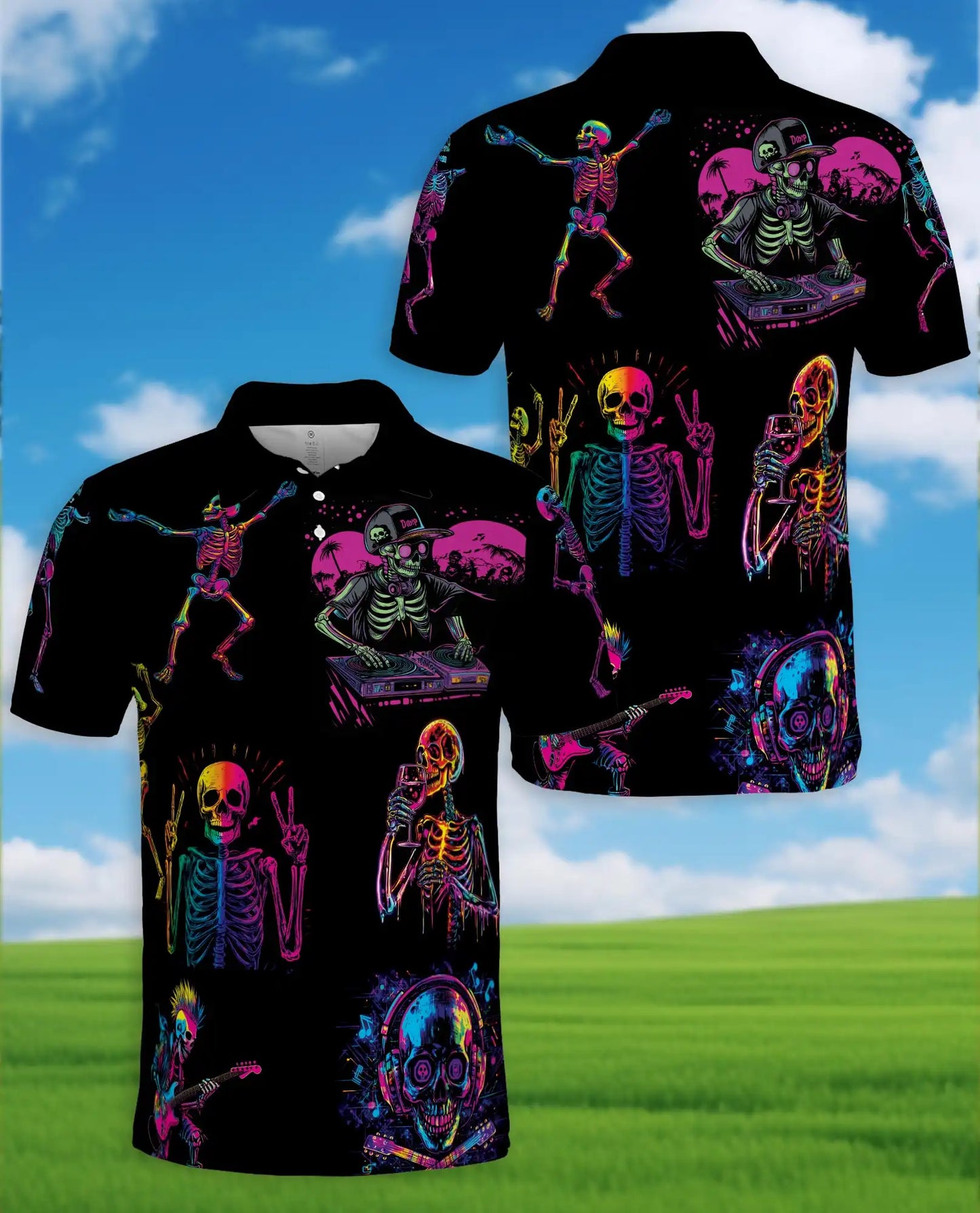 Neon Skeleton Polo Shirt - Retro Music Festival Style | Netecom