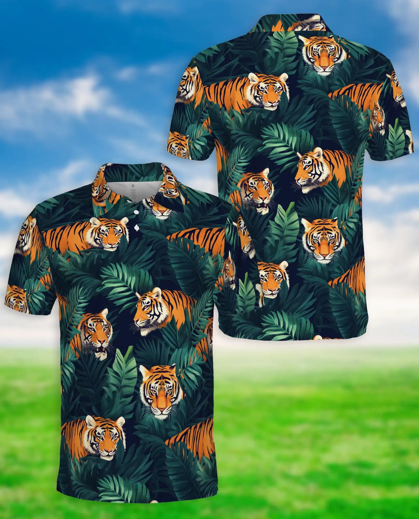 Tiger Jungle 3D Polo Shirt for Men – Wild Animal Tropical Leaf Style | Netecom