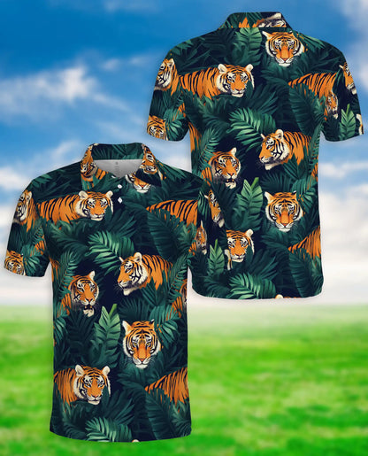 Tiger Jungle 3D Polo Shirt for Men – Wild Animal Tropical Leaf Style | Netecom