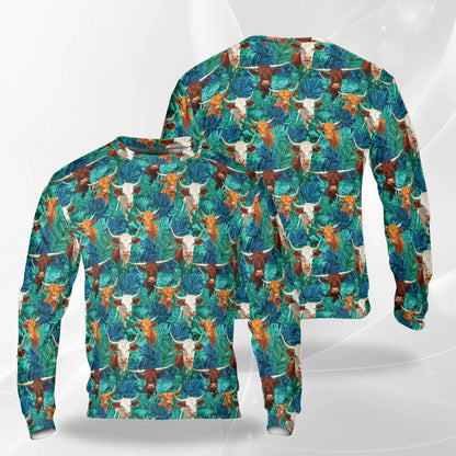 Longhorn Cattle Sweatshirt, 3D All Over Print Western Cow Crewneck Pullover for Men Women, Texas Ranch Cattle Lover Gift - Netecom