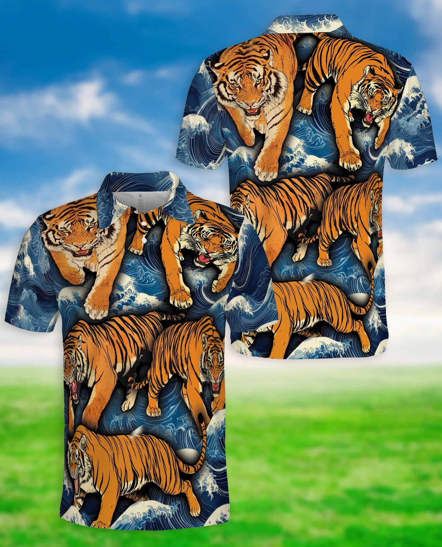 Tiger Wave 3D Polo Shirt for Men – Japanese Ocean Animal Style | Netecom