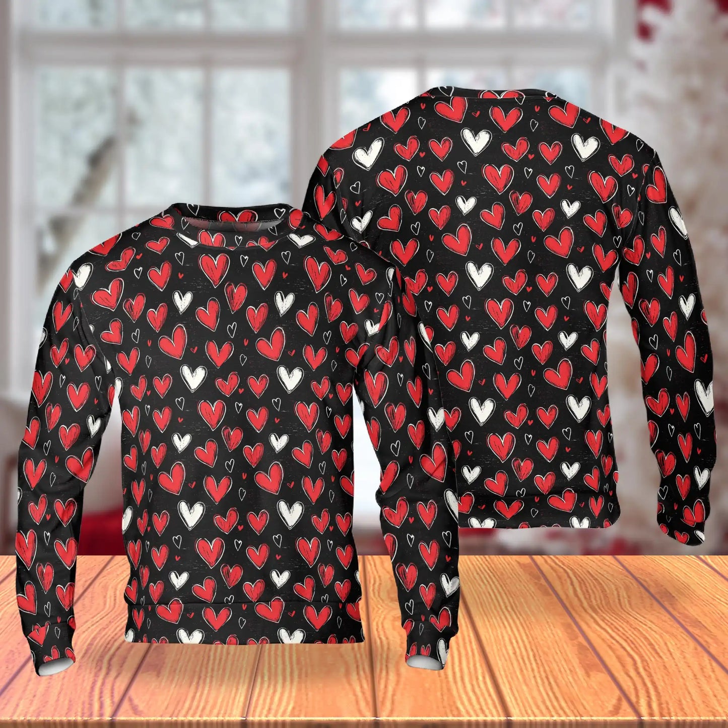 Red and White Heart Pattern Sweatshirt, 3D All Over Print Romantic Love Crewneck Pullover for Men Women, Heart Lover Gift - Netecom