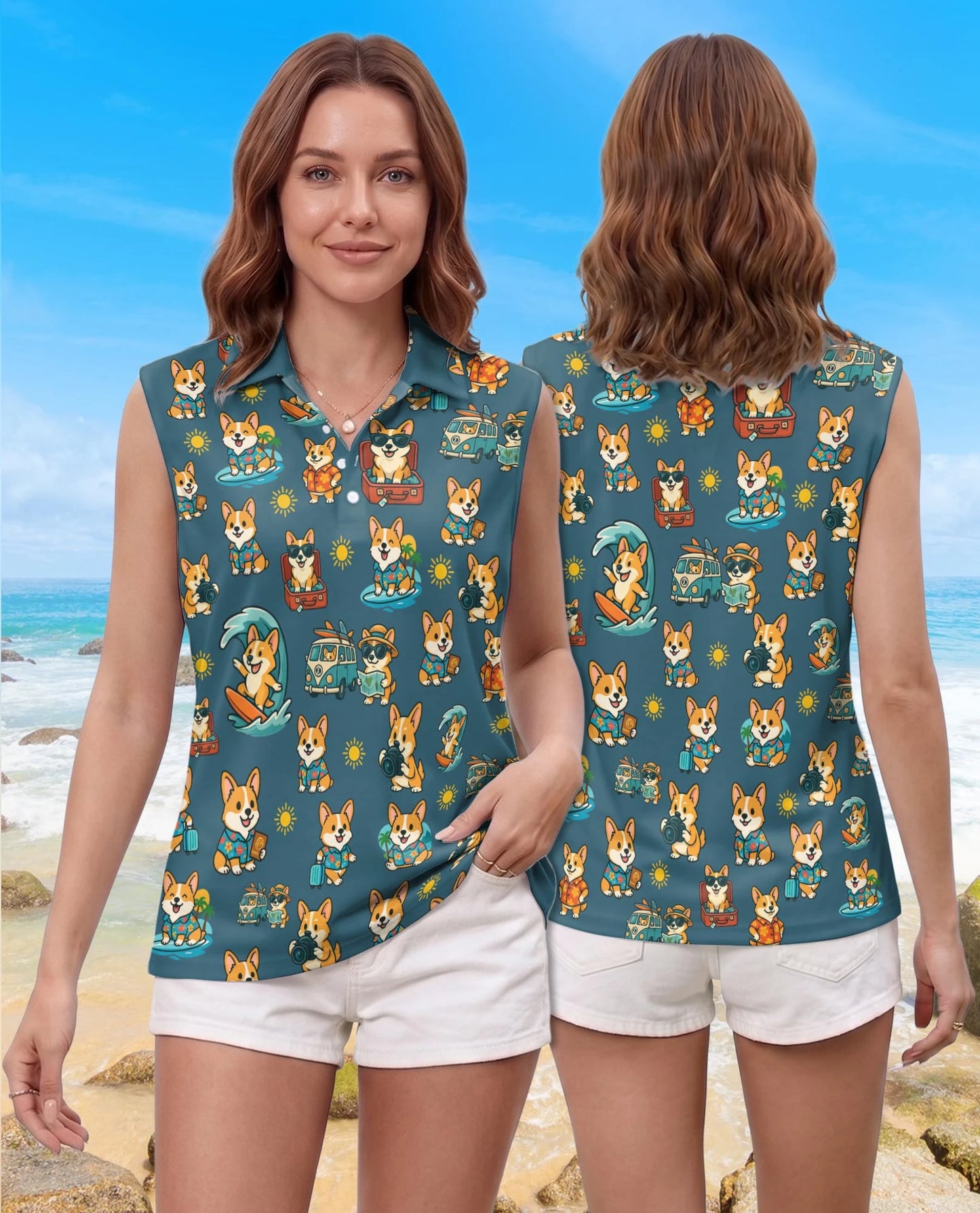 Cute Corgi Summer Beach Sleeveless Polo Shirt for Women – Dog Lover Style | Netecom