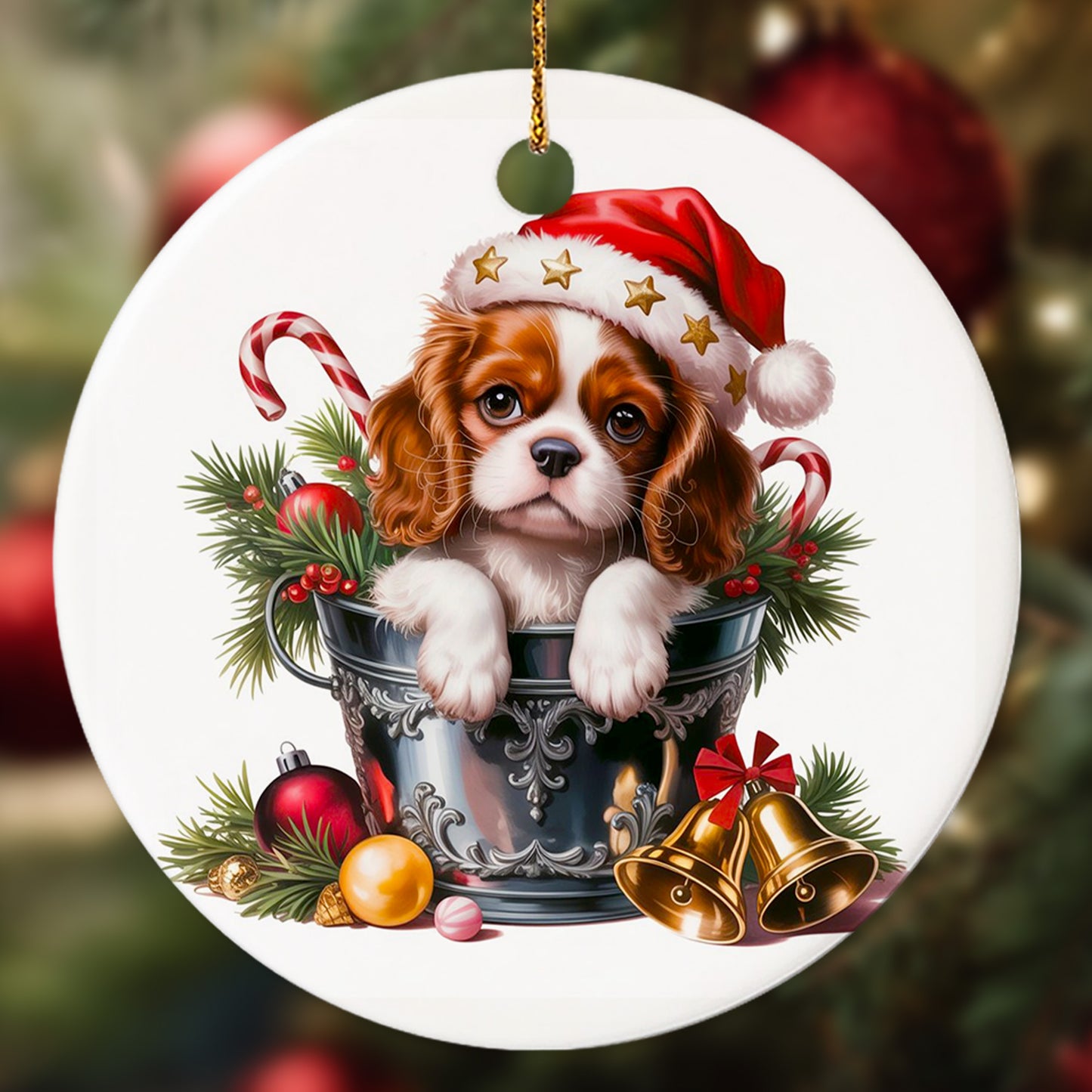 Netecom Cute Cavalier King Charles Spaniel in Bucket Ornament, Dog with Santa Hat Ceramic Ornament for Christmas Tree Hanging Decorations Gift, Puppy Lover Gifts, Holiday Party Present