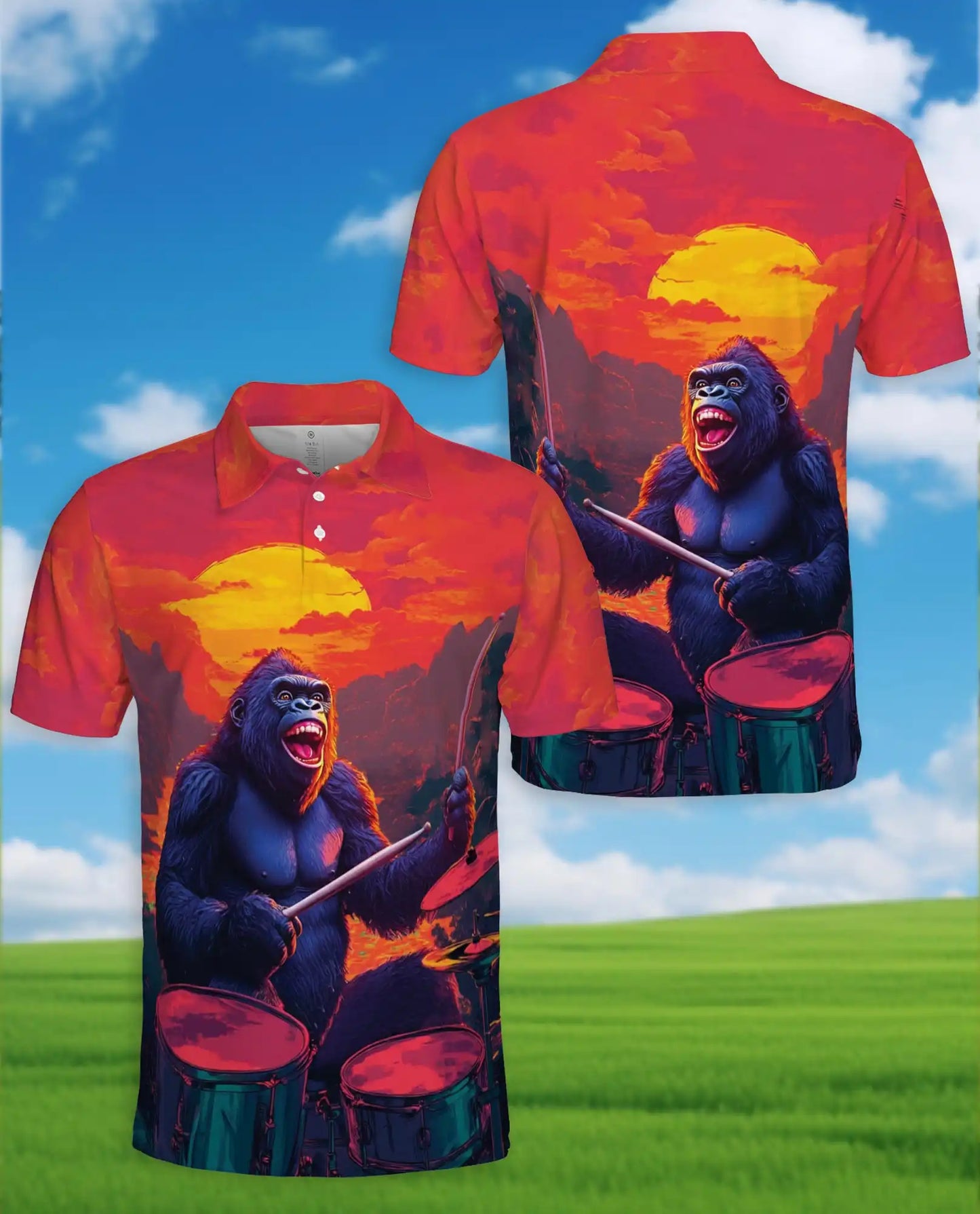 Funny Gorilla Drummer Polo Shirt - Sunset Rock Music Style | Netecom