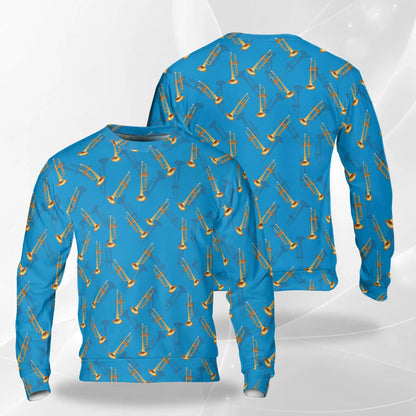 Trombone Pattern Sweatshirt, 3D All Over Print Musical Instrument Crewneck Pullover for Men Women, Trombone Player Gift - Netecom