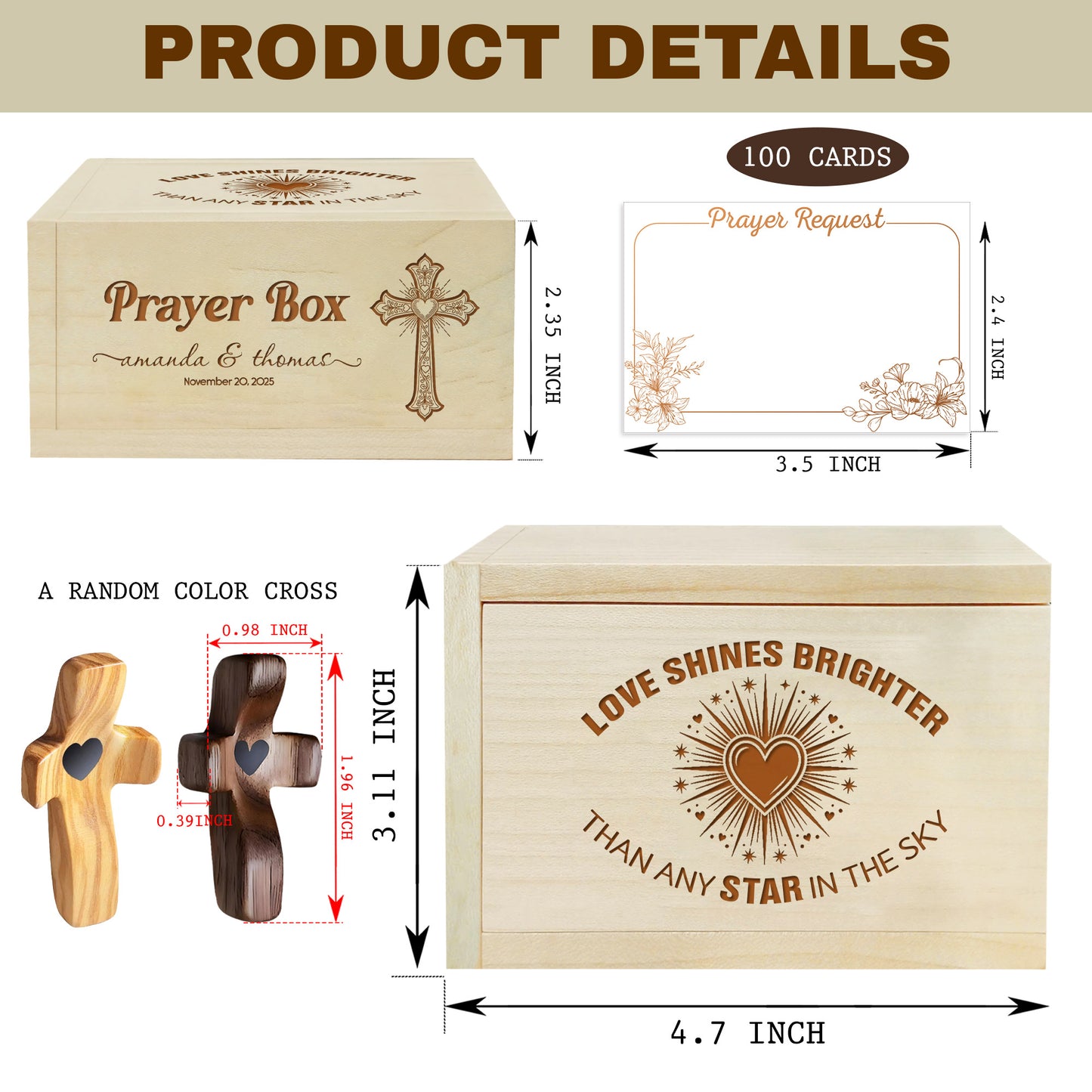 Netecom Personalized Couple Prayer Box for Valentine’s Day with 100 Prayer Request Cards & Wooden Cross – Custom Names and Anniversary Date Christian Gift