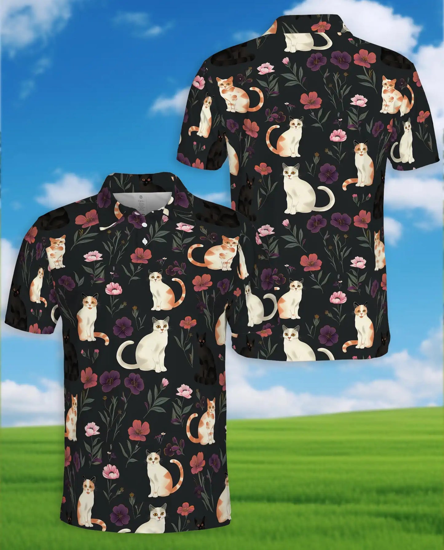 Cat Floral Polo Shirt - Cute Kitty Garden Style | Netecom