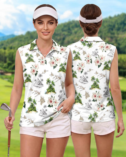 Tropical Floral Sleeveless Polo Shirt for Women | Netecom