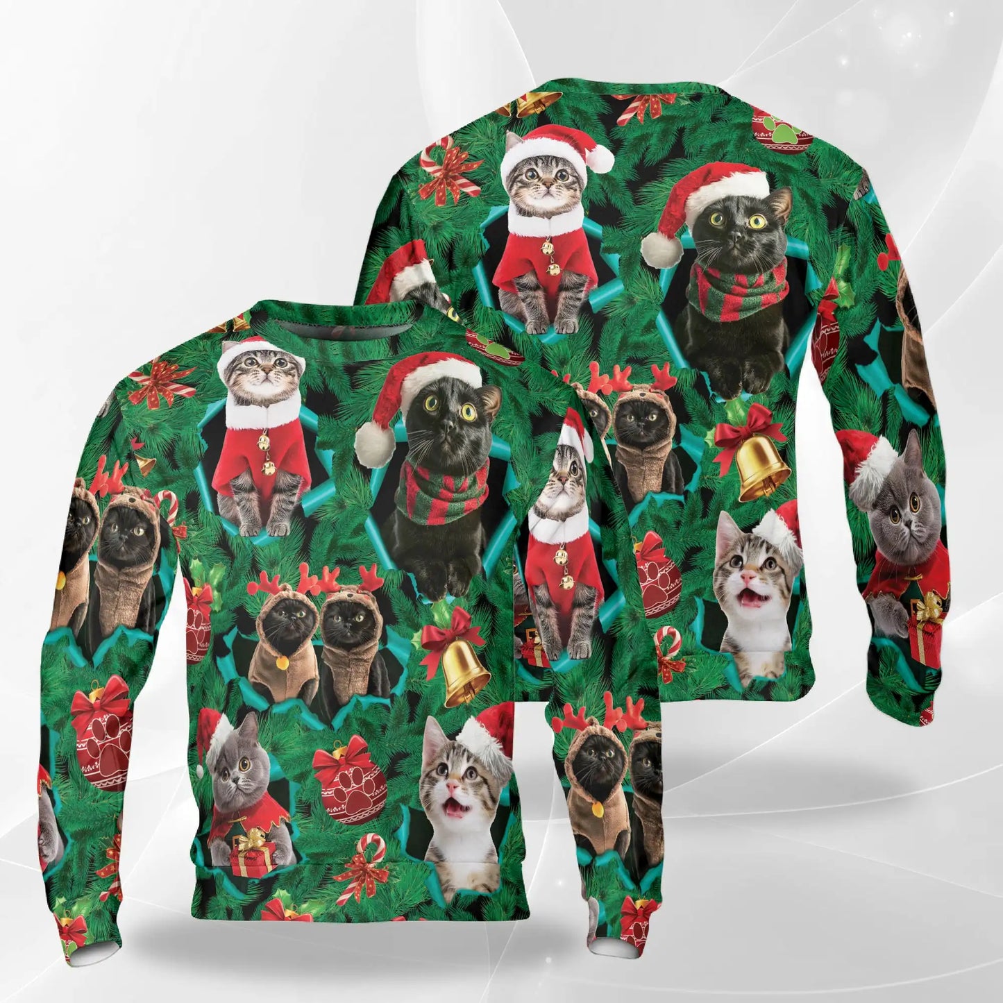 Funny Cats Green Sweatshirt, 3D All Over Print Cute Cat Crewneck Pullover for Men Women, Cat Lover Gift - Netecom
