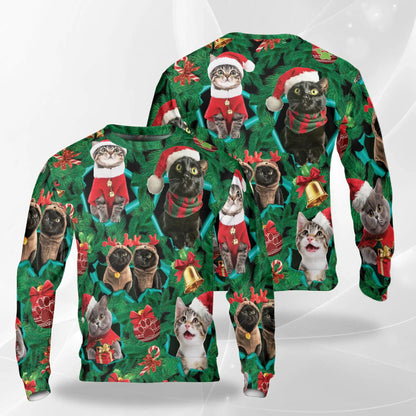 Funny Cats Green Sweatshirt, 3D All Over Print Cute Cat Crewneck Pullover for Men Women, Cat Lover Gift - Netecom