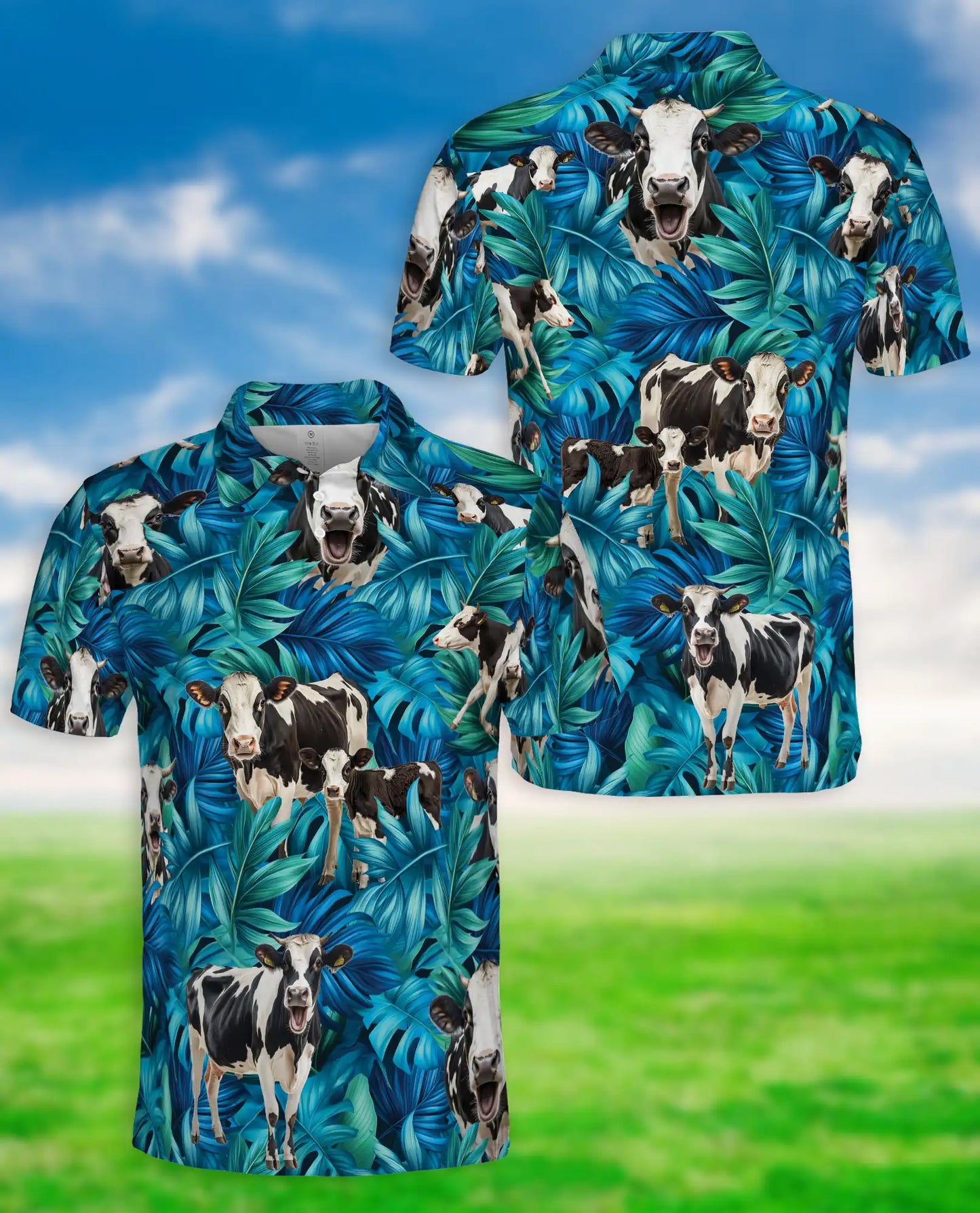 Cow Tropical Leaf 3D Polo Shirt for Men – Farm Animal Hawaiian Style | Netecom